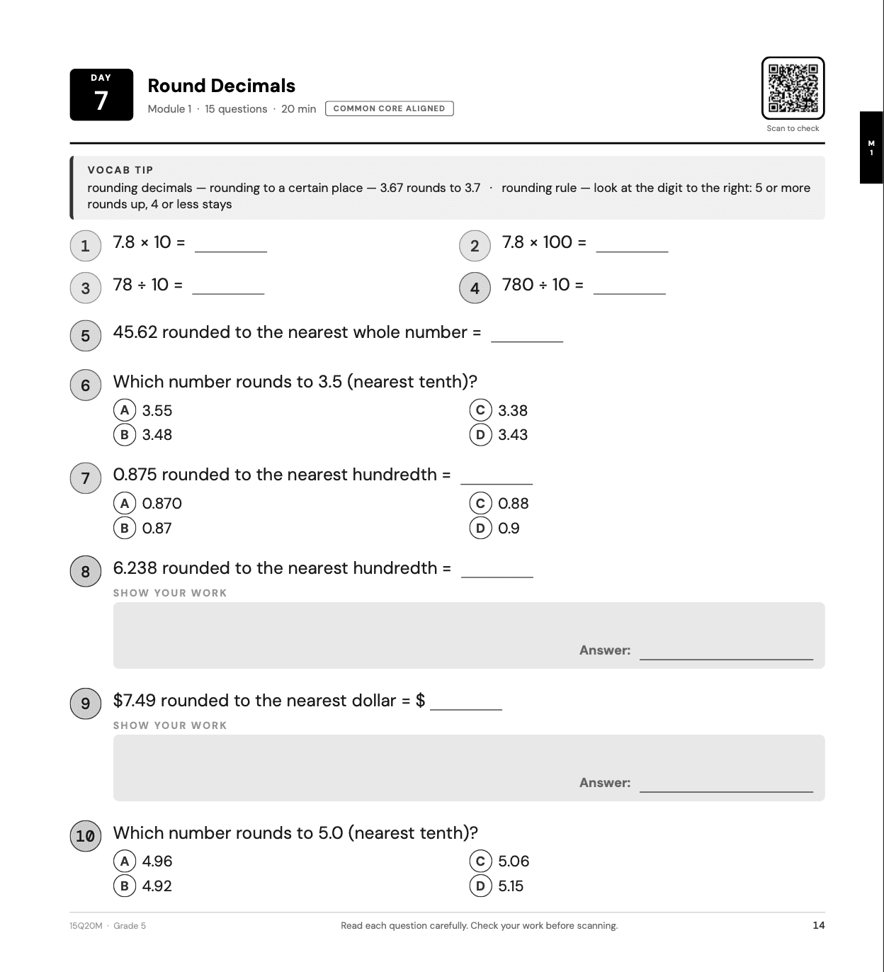 15Q20M Grade 5 workbook page — Day 7: Round Decimals