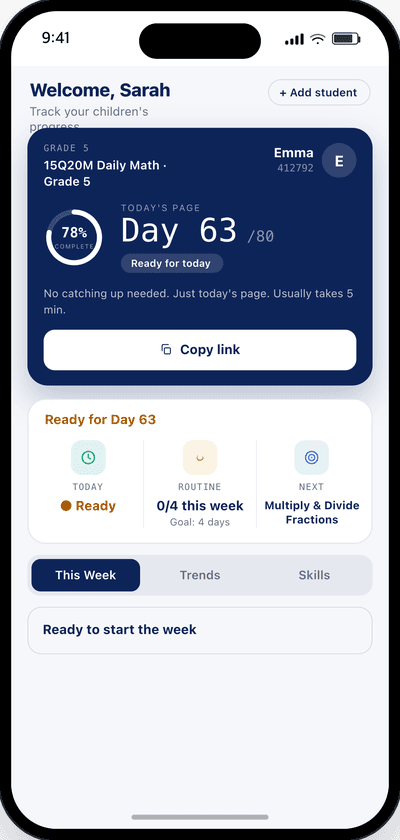 Parent dashboard - today's page ready, weekly routine at a glance