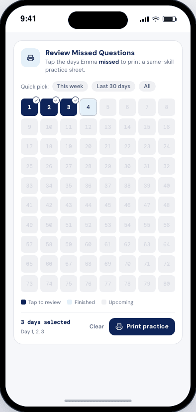 Review missed questions — pick the days to print