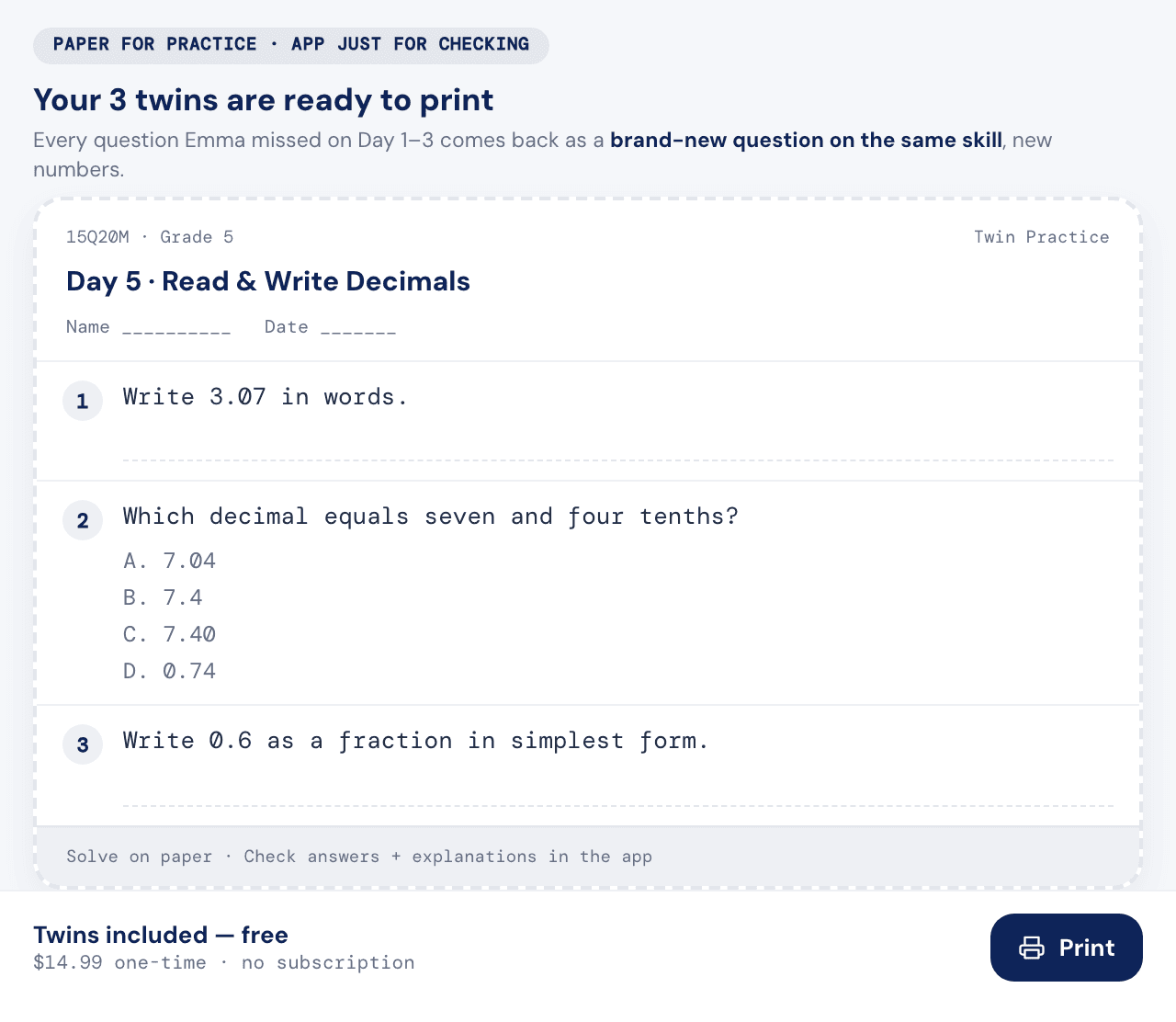 Twin practice sheet ready to print — same skill, new numbers, included free, no subscription