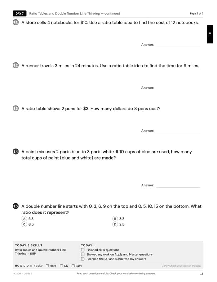 Day 7 spread page 2 — continued, questions 11-15